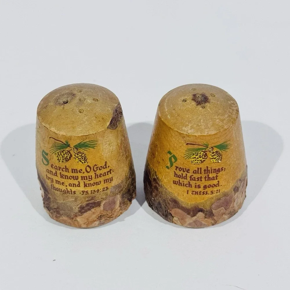 Vintage Salt & Pepper Shaker Set W Cork Stoppers Rustic‎ Pine Wood Bible Verse